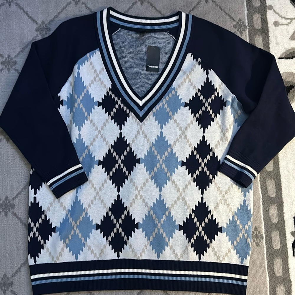 torrid Navy, Light Blue & White Argyle V-Neck Sweater